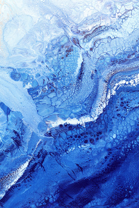 ABSTRACT painting that gives the impression of soothing ocean waves lapping in to soft sandy beach with slow easy waves creating crests of whie..  The intricate mosaic pattern within the tonal blue hues and the glimmering metallics adds added interest and intrigue.
The closer you get to the painting the more of the interesting details and patterns you can see. Metallics add an extra depth because the painting changes personality when one views from different angles.
although it is an impressionistic abstract, it still has a sense of motion of waves moving and frothing white