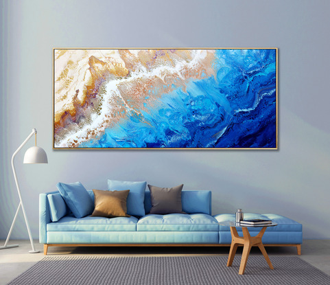 ABSTRACT painting that gives the impression of soothing ocean waves lapping in to soft sandy beach with slow easy waves creating crests of whie..  The intricate mosaic pattern within the tonal blue hues and the glimmering metallics adds added interest and intrigue.
The closer you get to the painting the more of the interesting details and patterns you can see. Metallics add an extra depth because the painting changes personality when one views from different angles.
although it is an impressionistic abstract, it still has a sense of motion of waves moving and frothing white