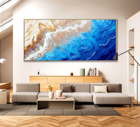 ABSTRACT painting that gives the impression of soothing ocean waves lapping in to soft sandy beach with slow easy waves creating crests of whie..  The intricate mosaic pattern within the tonal blue hues and the glimmering metallics adds added interest and intrigue.
The closer you get to the painting the more of the interesting details and patterns you can see. Metallics add an extra depth because the painting changes personality when one views from different angles.
although it is an impressionistic abstract, it still has a sense of motion of waves moving and frothing white