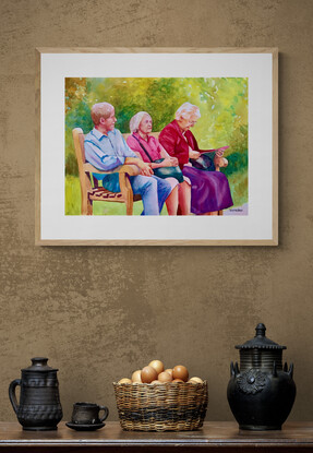 Seniors sit on a bench.