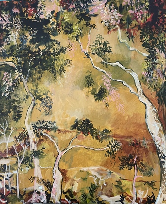 Gumtrees twisting and reaching in an ochre filled lanscape. Shade leaves tower at the top of the painting creating rhythm and depth. 