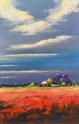 As you approach this small country cottage in the Australian outback, you are struck by the deep red, orange, and yellow colors of the surrounding landscape. The earth itself seems to radiate warmth and energy, creating a sense of raw natural beauty that is both inspiring and humbling.

The cottage itself is simple and unassuming, A small porch juts out from the front of the cottage, providing a shaded area to sit and take in the surrounding scenery.

A striking jacaranda tree stands near the cottage, its vibrant purple blooms providing a beautiful contrast to the warm colors of the landscape. The tree provides welcome shade from the scorching sun.

As you take in the scene, you will notice the peaceful sunlit clouds in the sky, casting soft shadows across the landscape. 

Despite its simplicity, the cottage exudes a sense of comfort and homeliness, as if it has been a part of the landscape for as long as anyone can remember. It's a place of refuge and peace, a haven from the harshness of the outback, and a reminder of the resilience of those who call this place home.

Pick up from my Studio Gallery in Telopea, North-West Sydney. 
