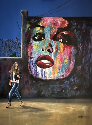 A young lady walks briskly through a dark and secluded alleyway, clutching her handbag tightly to her chest. Her expression is tense and unsettled, and she seems to be looking over her shoulder, as if she is afraid of being followed or watched. The huge graffiti painting on the wall, which features a woman's face with luscious lips and bright colors. The woman in the graffiti also looks somewhat furtive, as if she is keeping a secret. The contrast between the girl's anxious demeanor and the bright, bold colors of the graffiti painting creates a sense of tension and unease. The viewer is left wondering what the girl is so afraid of and what secrets the graffiti painting might hold.