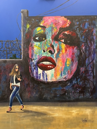 A young lady walks briskly through a dark and secluded alleyway, clutching her handbag tightly to her chest. Her expression is tense and unsettled, and she seems to be looking over her shoulder, as if she is afraid of being followed or watched. The huge graffiti painting on the wall, which features a woman's face with luscious lips and bright colors. The woman in the graffiti also looks somewhat furtive, as if she is keeping a secret. The contrast between the girl's anxious demeanor and the bright, bold colors of the graffiti painting creates a sense of tension and unease. The viewer is left wondering what the girl is so afraid of and what secrets the graffiti painting might hold.