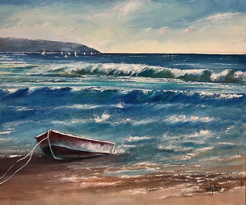 A small boat resting on the shore of a sunny beach, the waves are  gently lapping the shore, and the bright sunshine suggests a warm and pleasant day. The overall aim of the painting is to convey a sense of calm and tranquility, with the small boat and peaceful beach evoking a feeling of escape and relaxation.

Pick up from my Studio Gallery in Telopea, North-West Sydney