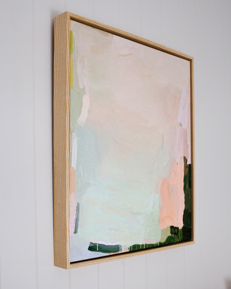 Modern abstract artwork with layers of rustic and playful brushstrokes in blush, mint, peach and forest green