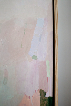 Modern abstract artwork with layers of rustic and playful brushstrokes in blush, mint, peach and forest green