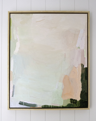 Modern abstract artwork with layers of rustic and playful brushstrokes in blush, mint, peach and forest green