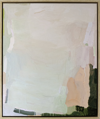 Modern abstract artwork with layers of rustic and playful brushstrokes in blush, mint, peach and forest green