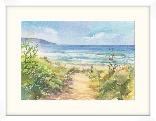 Watercolour painting of Mollymook Beach looking towards Bannisters Headland in mid morning hours.