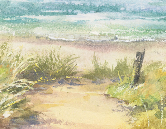 Watercolour painting of Mollymook Beach looking towards Bannisters Headland in mid morning hours.