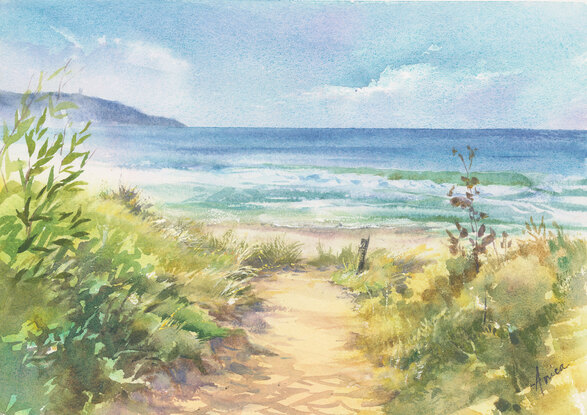 Watercolour painting of Mollymook Beach looking towards Bannisters Headland in mid morning hours.