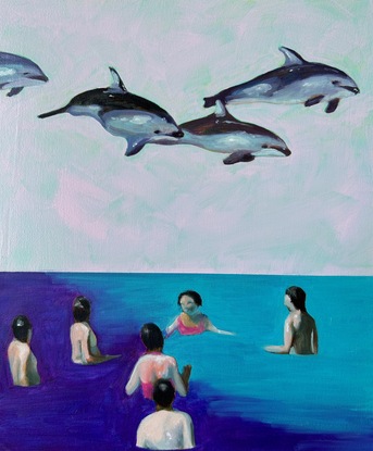 A group of four dolphins hover in a pale lavender sky/ Below them in bright blue and purple water, a group of swimmers look up in amazement.