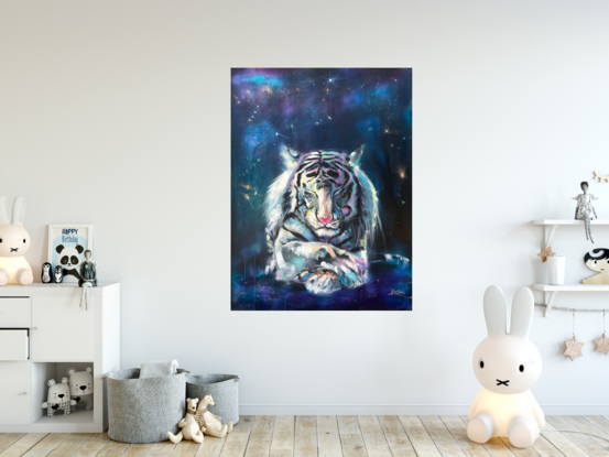 White Tiger lying crossed legs with closed eyes on cosmic background