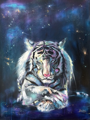 White Tiger lying crossed legs with closed eyes on cosmic background