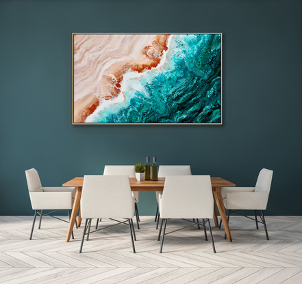 ABSTRACT painting that gives the impression of soothing ocean waves lapping in to soft sandy beach The entire painting as an opalescent quality.  The intricate mosaic pattern within the tonal green hues and the glimmering metallics adds added interest and intrigue.
The closer you get to the painting the more of the interesting details and patterns you can see. Metallics add an extra depth because the painting changes personality when one views from different angles.