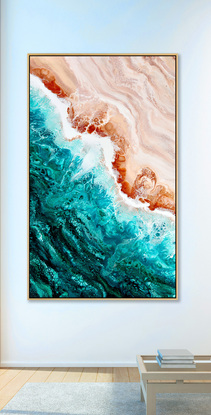 ABSTRACT painting that gives the impression of soothing ocean waves lapping in to soft sandy beach The entire painting as an opalescent quality.  The intricate mosaic pattern within the tonal green hues and the glimmering metallics adds added interest and intrigue.
The closer you get to the painting the more of the interesting details and patterns you can see. Metallics add an extra depth because the painting changes personality when one views from different angles.