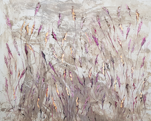 a large abstract landscape in shades of pink,beige and copper inspired by wild grass