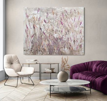 a large abstract landscape in shades of pink,beige and copper inspired by wild grass