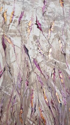 a large abstract landscape in shades of pink,beige and copper inspired by wild grass