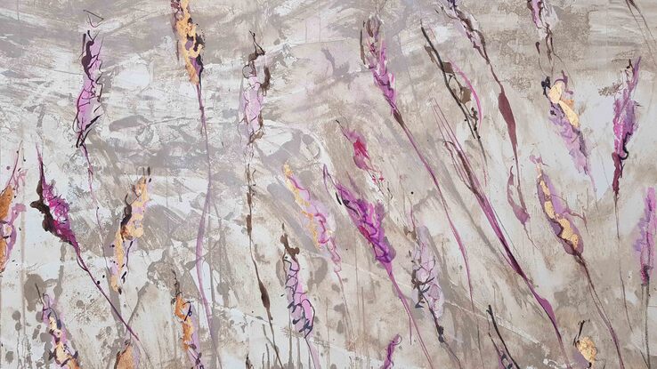 a large abstract landscape in shades of pink,beige and copper inspired by wild grass