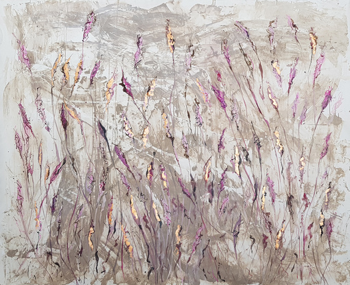 a large abstract landscape in shades of pink,beige and copper inspired by wild grass