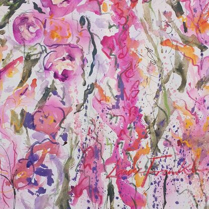 An abstract landscape of bright vivid flowers in pink, red, purple, orange, yellow and greens