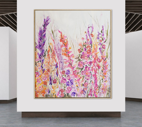 An abstract landscape of bright vivid flowers in pink, red, purple, orange, yellow and greens