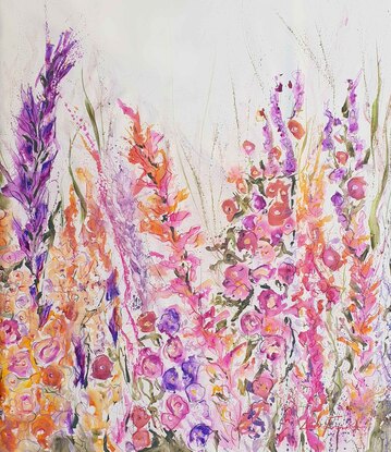 An abstract landscape of bright vivid flowers in pink, red, purple, orange, yellow and greens