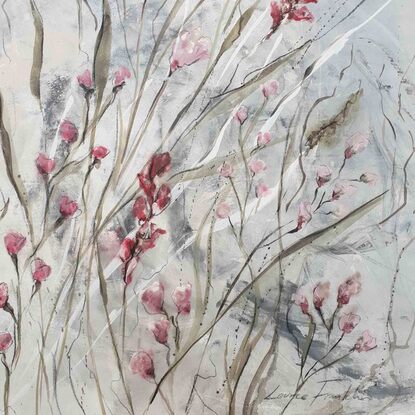 a large Impressionist painting of flowers in shades of pink, magenta and beige