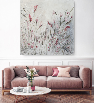 a large Impressionist painting of flowers in shades of pink, magenta and beige