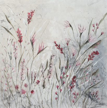 a large Impressionist painting of flowers in shades of pink, magenta and beige