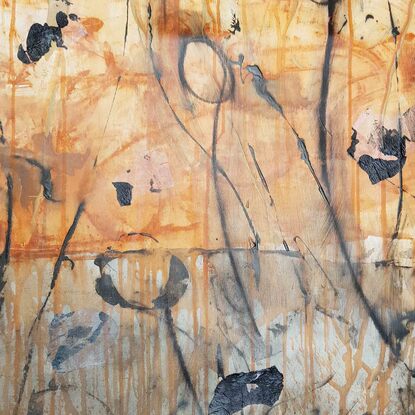 a large abstract landscape in shades of gold, brown, black, blue and white inspired by wild grass and sand dunes australian native and indigenous plants