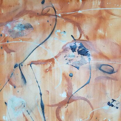 a large abstract landscape in shades of gold, brown, black, blue and white inspired by wild grass and sand dunes australian native and indigenous plants