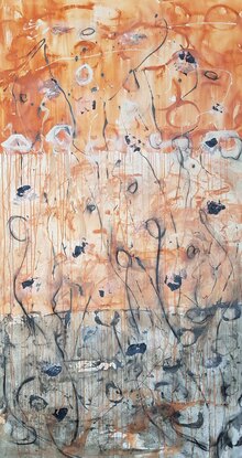 a large abstract landscape in shades of gold, brown, black, blue and white inspired by wild grass and sand dunes australian native and indigenous plants