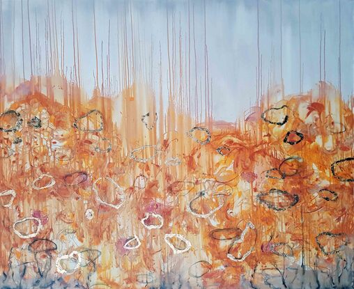 a large abstract landscape in ochre, terracotta, beige and brown with copper leaf