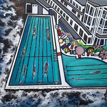 "Poolside Paradise" is a contemporary pop art painting that captures the breathtaking beauty of Bondi Iceberg Pool from a bird's-eye perspective. The painting is characterized by its use of bold colors, geometric shapes, and strong lines, which evoke a sense of energy and vitality.

From above, we see the crystal-clear waters of the pool contrasted against the deep blue of the ocean, creating a striking visual effect. The swimmers below are rendered in vibrant colors, each figure a unique splash of energy against the smooth curves of the pool's edges.

Through this painting, we are invited to experience the energy and excitement of one of Australia's most iconic locations, from a new and unique perspective. This artwork is sure to add a touch of contemporary pop art flair to any space, and serves as a vibrant reminder of the beauty of the Australian coastline.