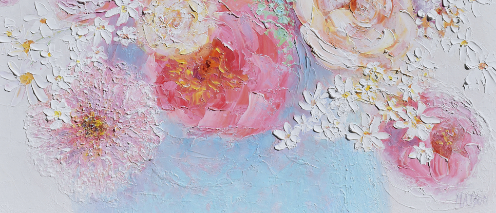 A thickly textured still life oil painting of spring flowers, peonies and roses in a blue vase.