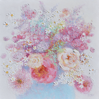 A thickly textured still life oil painting of spring flowers, peonies and roses in a blue vase.