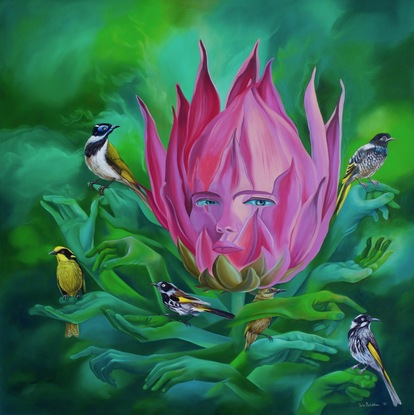 Protea as a girl with birds