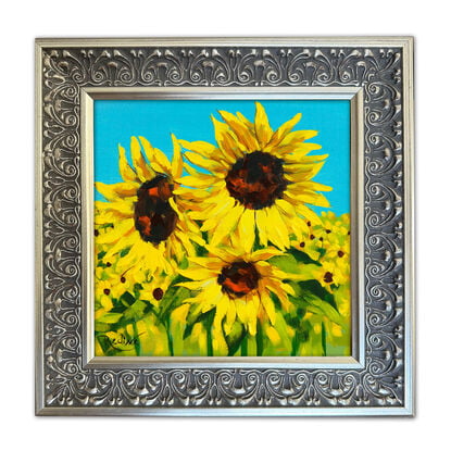 Sunflowers original painting by Irina Redine.  Yellow flowers small artwork framed and ready to hang, gift idea