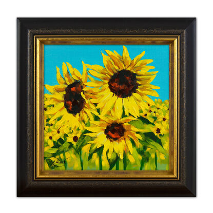 Sunflowers original painting by Irina Redine.  Yellow flowers small artwork framed and ready to hang, gift idea