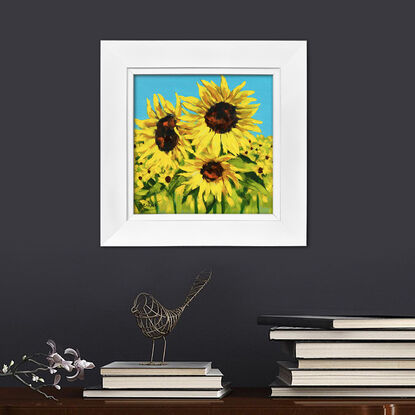 Sunflowers original painting by Irina Redine.  Yellow flowers small artwork framed and ready to hang, gift idea