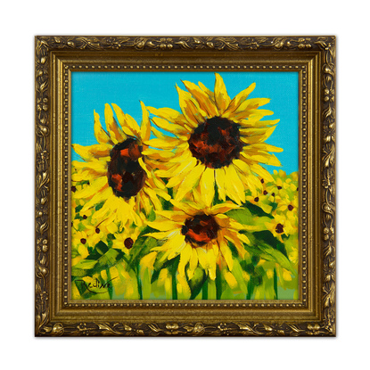 Sunflowers original painting by Irina Redine.  Yellow flowers small artwork framed and ready to hang, gift idea