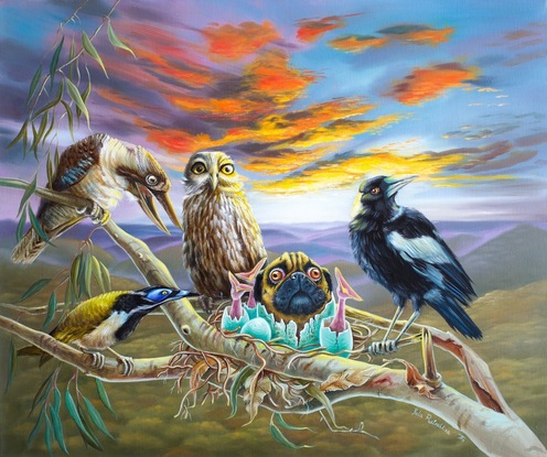 Pug dog in the nest with Australian birds