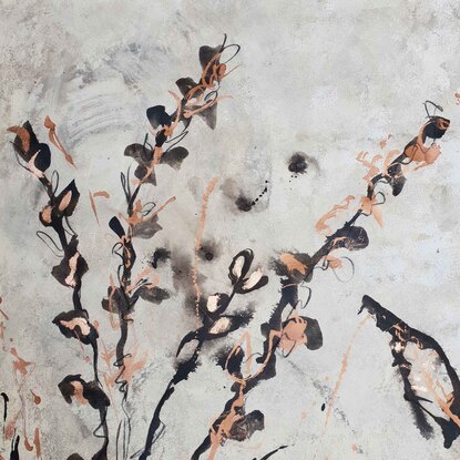 A large abstract painting of the Australian indigenous plants and wild grass in beige, brown, copper, bronze and white.