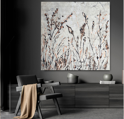 A large abstract painting of the Australian indigenous plants and wild grass in beige, brown, copper, bronze and white.