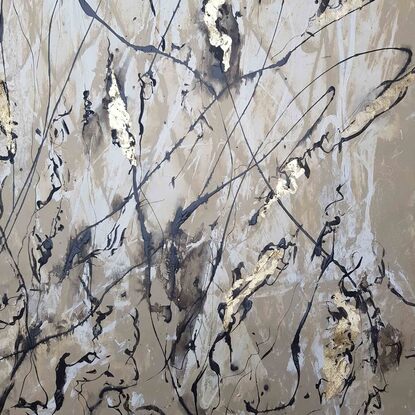 An abstract of wild grass and leaves in dark brown, beige and white with copper leaf.  