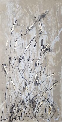 An abstract of wild grass and leaves in dark brown, beige and white with copper leaf.  