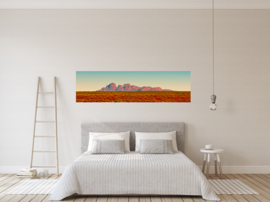 Panoramic photo of Mount Olga in Australia's Northern Territory, featuring stunning mountain range backdrop against rugged, red-hued foreground.